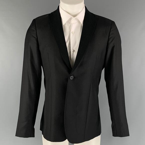 EMPORIO ARMANI Chest Size 38 Black Solid Wool Silk Notch Lapel Sport Coat